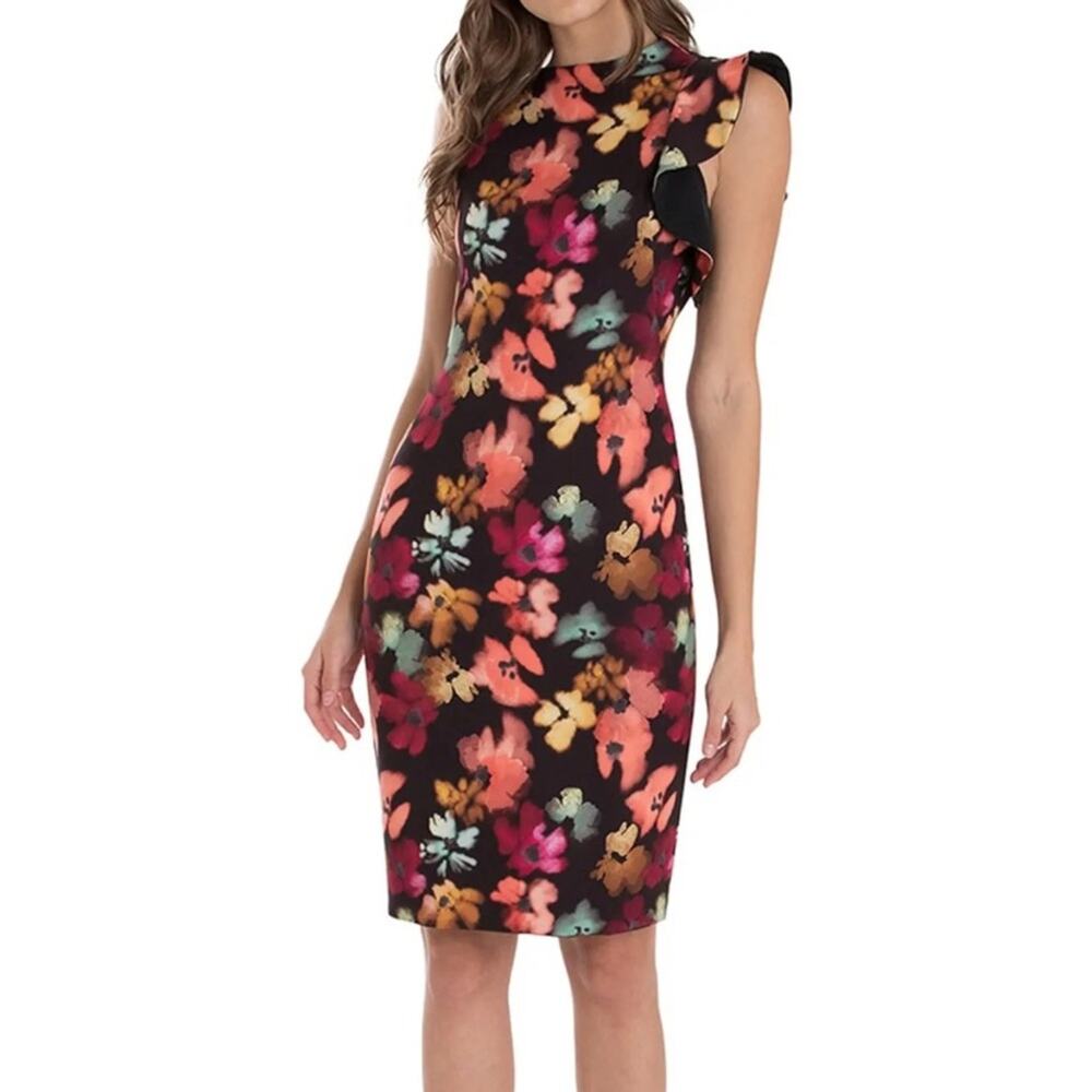 Black Halo Pabla Floral Sheath Dress (Sz 2) Asymmetric Ruffle Magenta Sunset